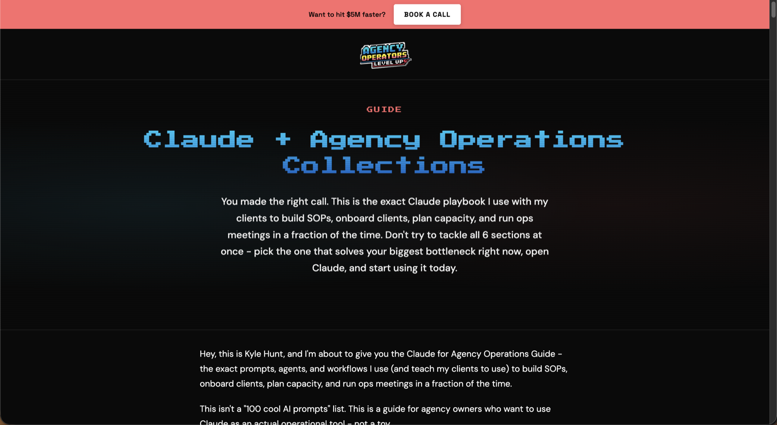 Kyle Hunt's Claude + Agency Operations Collections guide page, built and published under his brand