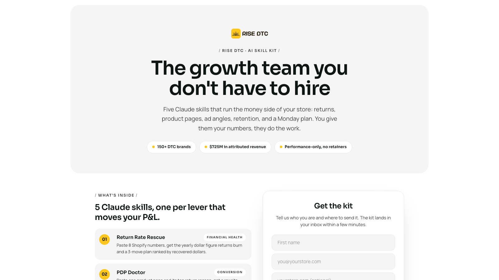 The RISE DTC AI Kit page, live on Mattan's own domain